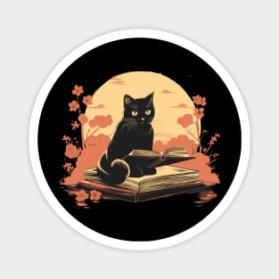 Japanese Floral Black Cat And Book Catshirt Magnet